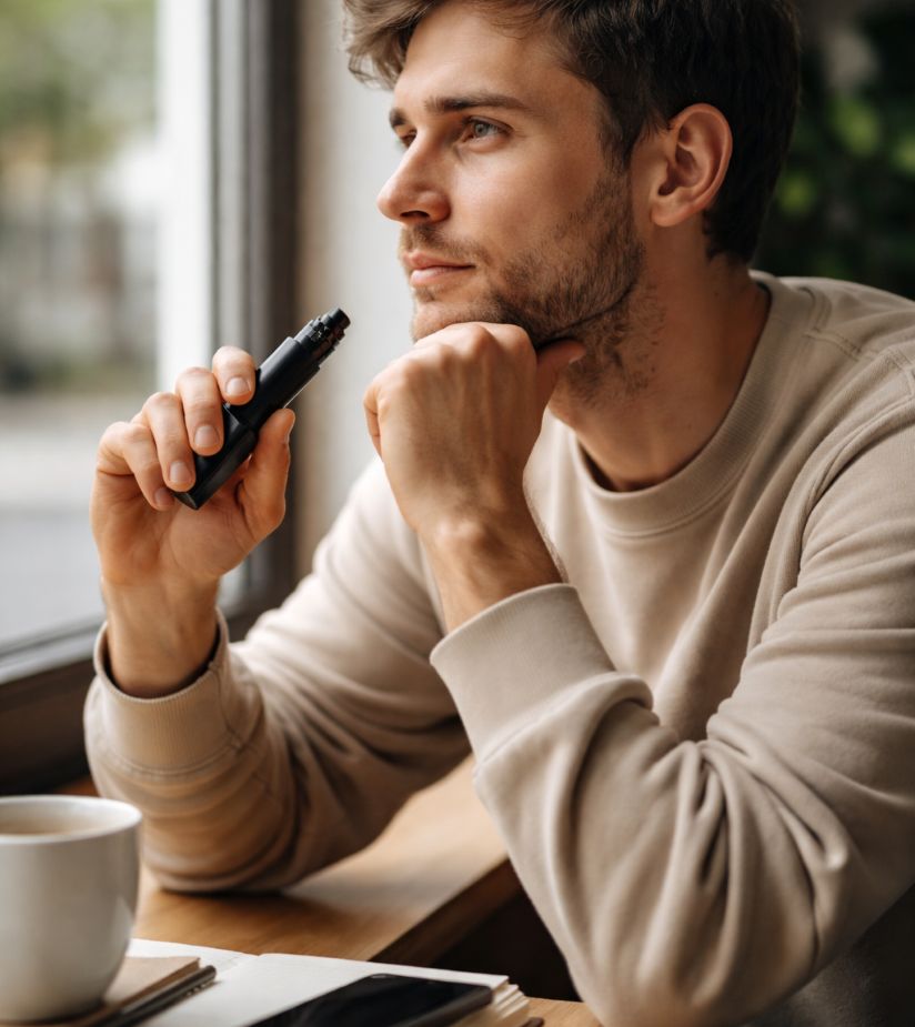 Person pausing thoughtfully while holding a vape device, suggesting reflection and awareness